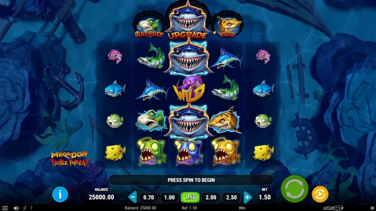Interface do jogo Megadon Triple Threat com tubarões e elementos oceânicos