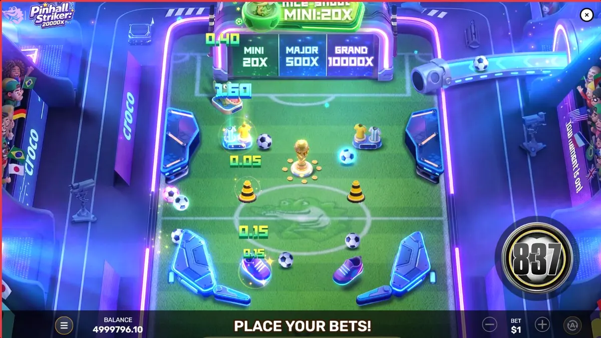 Interface do jogo Pinball Striker 20,000x com temática de futebol e neon