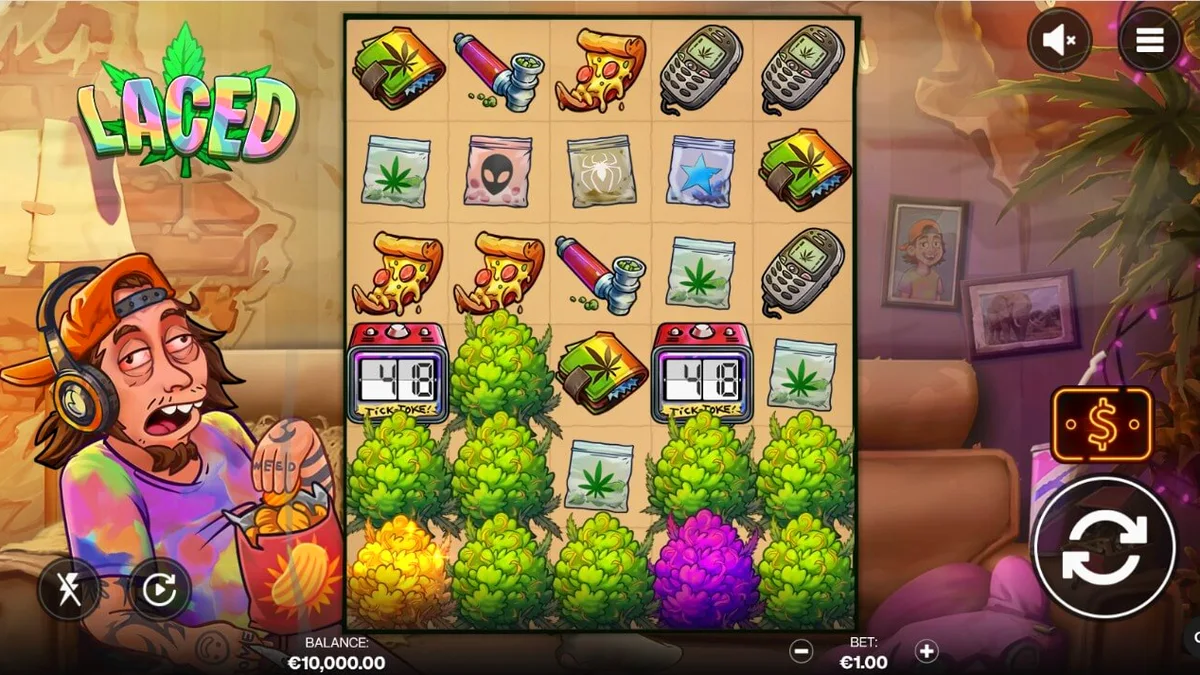Tela de jogo do slot Laced com tema de cultura canábica e design surreal
