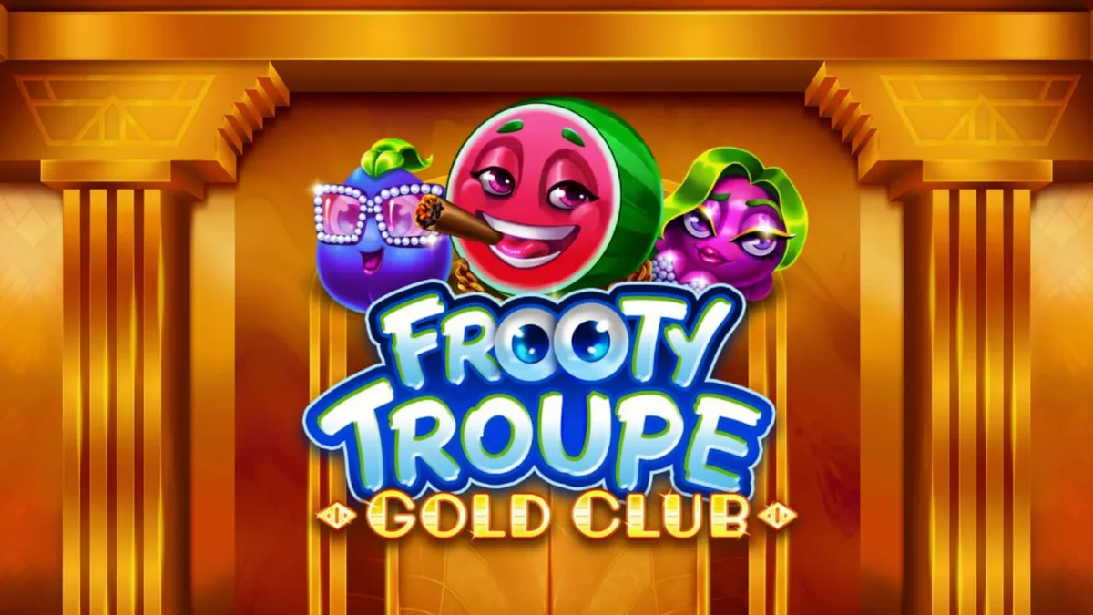 Interface luxuosa do slot Frooty Troupe – Gold Club com símbolos de frutas douradas