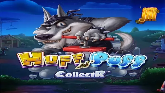 Interface visual e grade de jogo do slot Huff N' Puff CollectR com temática de porquinhos.