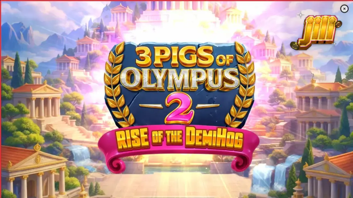 Interface do jogo 3 Pigs of Olympus 2 com elementos da mitologia grega e porcos heroicos